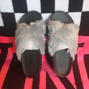 NWT Pink VS Furry Gray Slides
